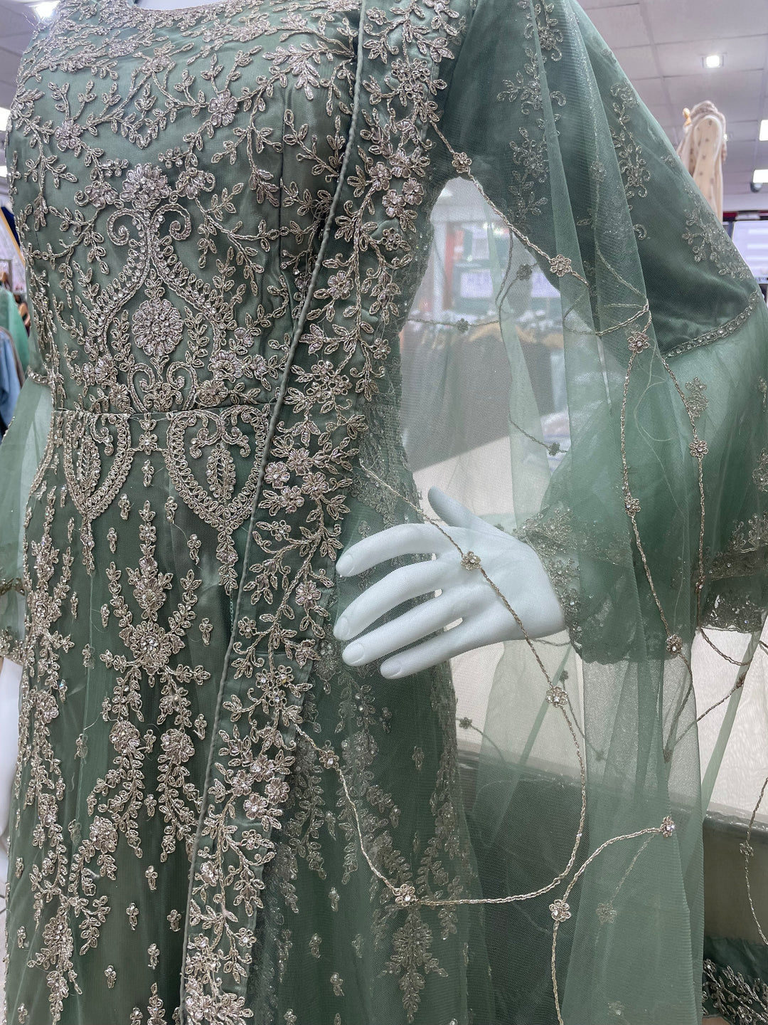 Jannah - Sage Green Heavy Embroidered Net Party Gown with Bell Sleeves/White Gold Embroidered - 3pcs