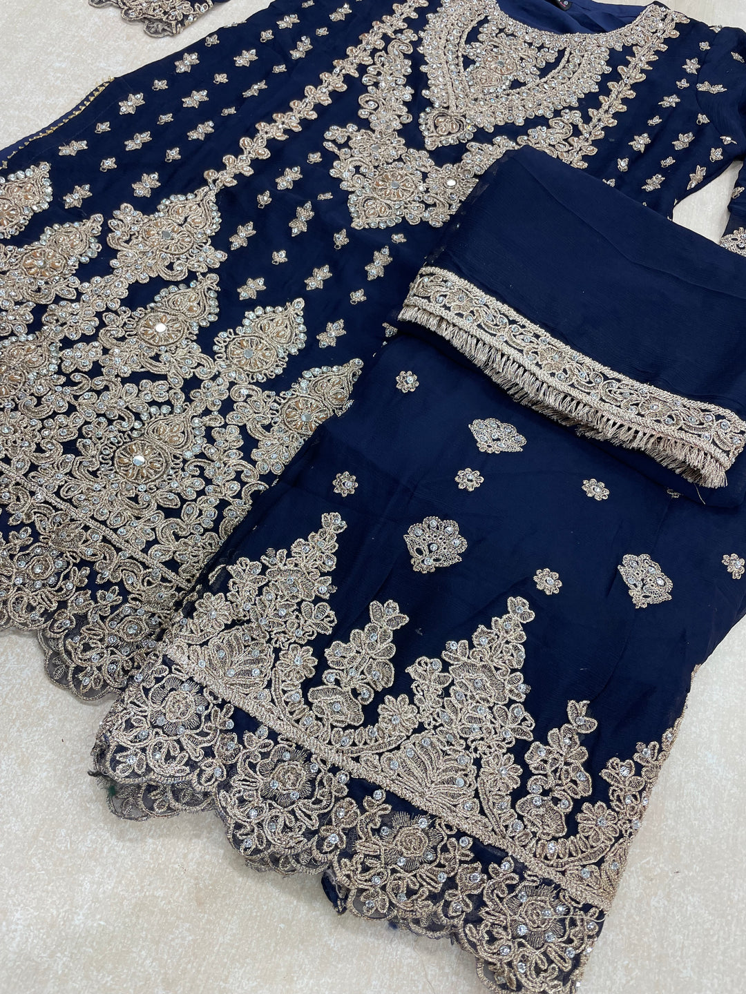 Aisha - Navy Blue embroidered Plazo - Rose Gold Embroidered & Gem work - 3Pcs