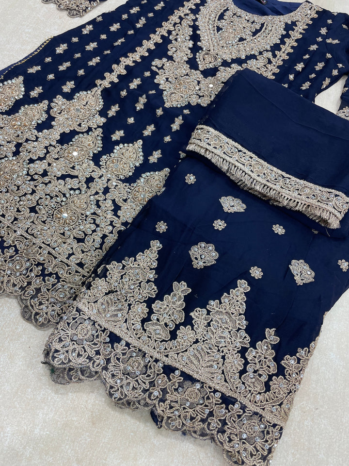 Aisha - Navy Blue embroidered Plazo - Rose Gold Embroidered & Gem work - 3Pcs
