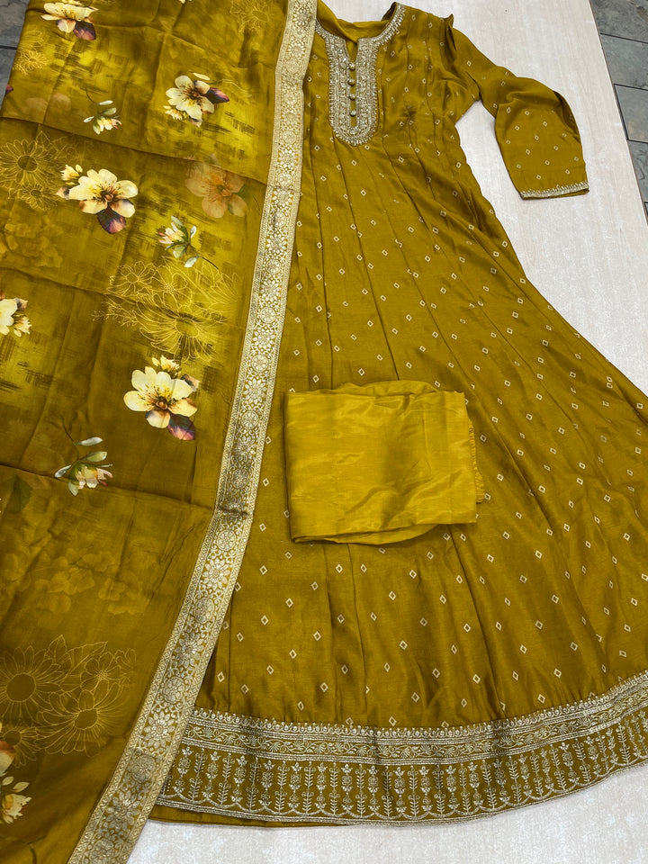 Iman - Mustard Silk embroidered Anarkali with digital print scarf - 3 Pcs