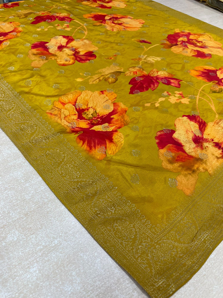 Aleena -Mustard Yellow Pure Viscose Dola with Embroidery Work & Digital Print Scarf - 3 Pcs