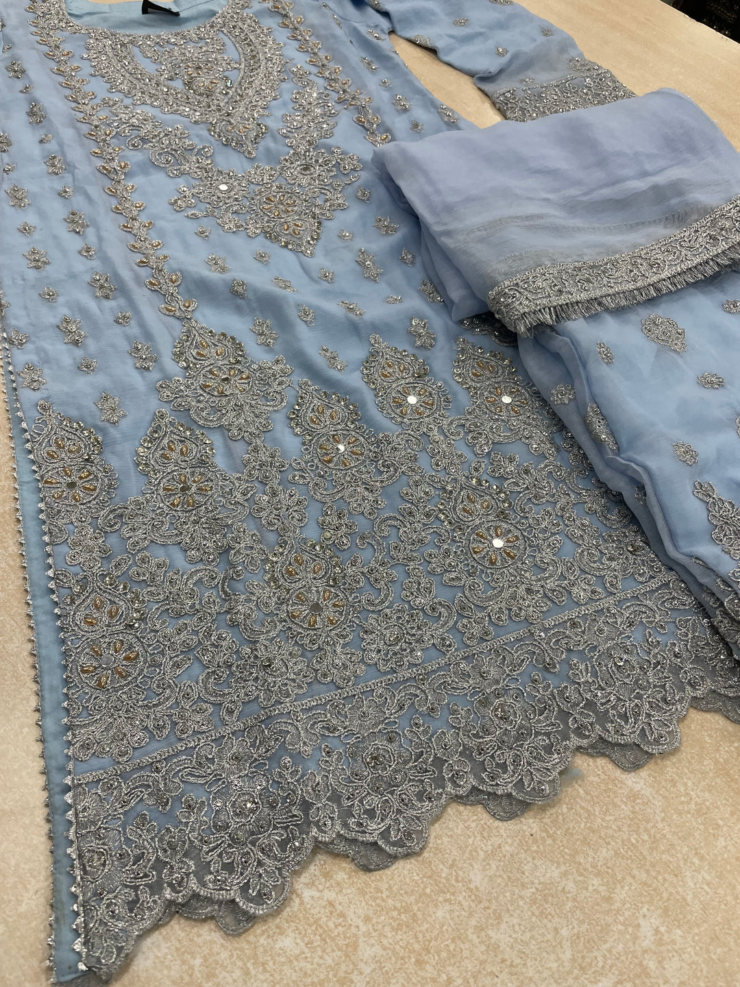 Aisha - Sky Blue embroidered Plazo - Silver Embroidered & Gem work - 3Pcs