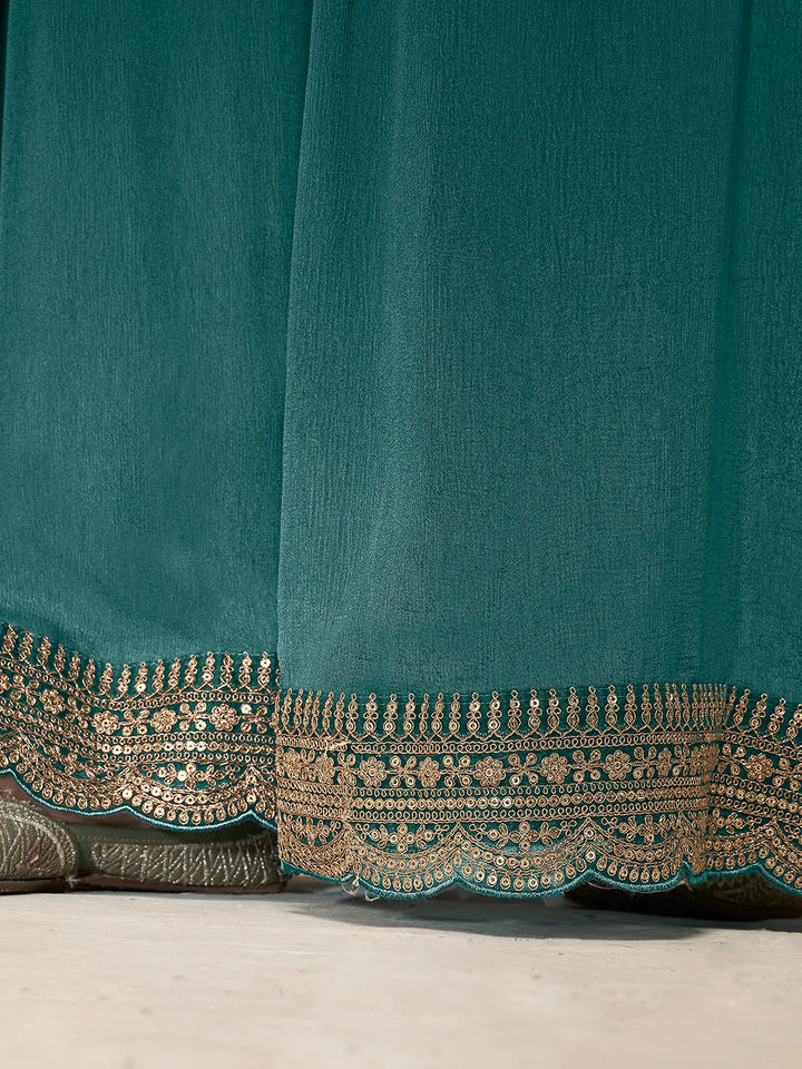 Abeer – Pastel Teal Green Dola Silk Printed Kurta with Sequinned Plazo Dupatta – 3 Pcs