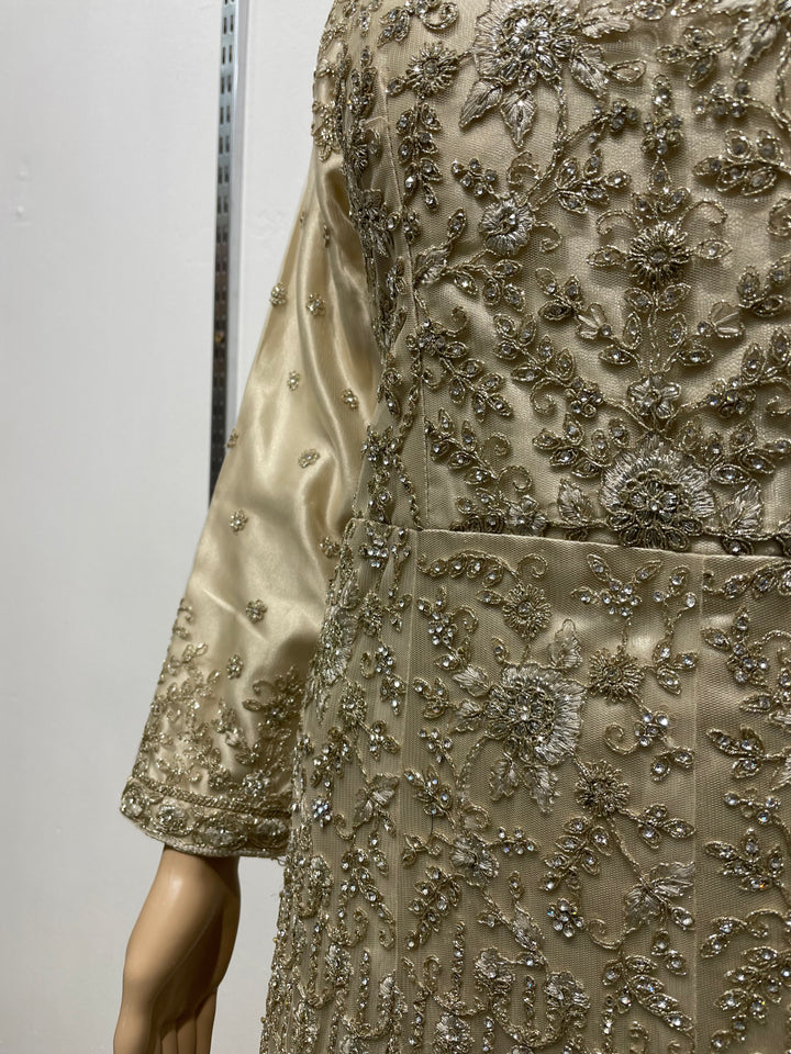 Yusra - Champagne Gold Heavy Embroidered Net Party Gown with White Gold Embroidered - 3pcs