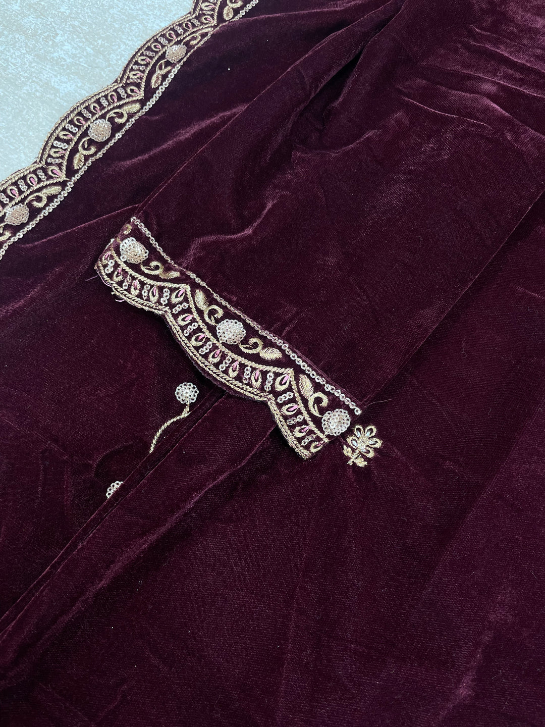 Qamar - Maroon Velvet Kameez - Embroidered & Gem work - 3Pcs