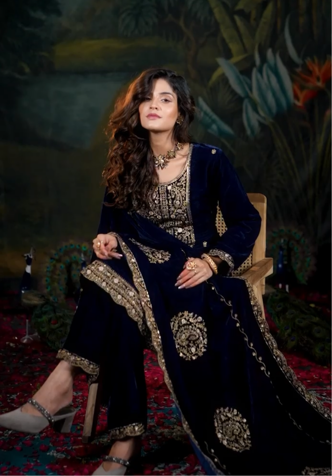 Qamar - Blue Velvet Kameez - Embroidered & Gem work - 3Pcs