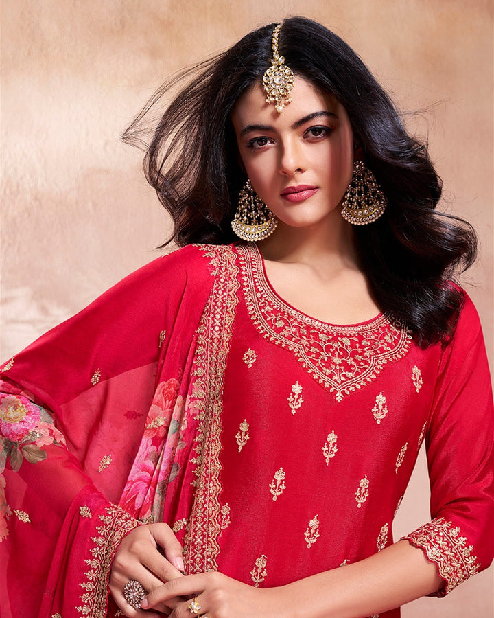 Mahira – Red Sequins Embroidered Kurti Plazo Set with Digital Floral Dupatta – 3 Pcs