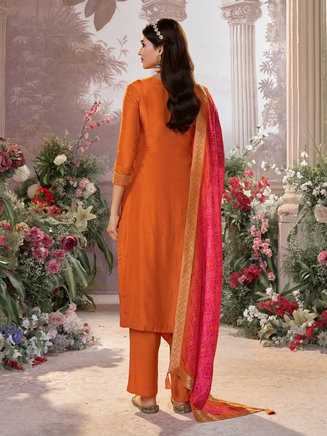 Kiran – Orange Dola Silk Kurta Set with Jacquard Detailing and Intricate Embroidery, Paired with a Cherry Silk Dupatta – 3 Pcs