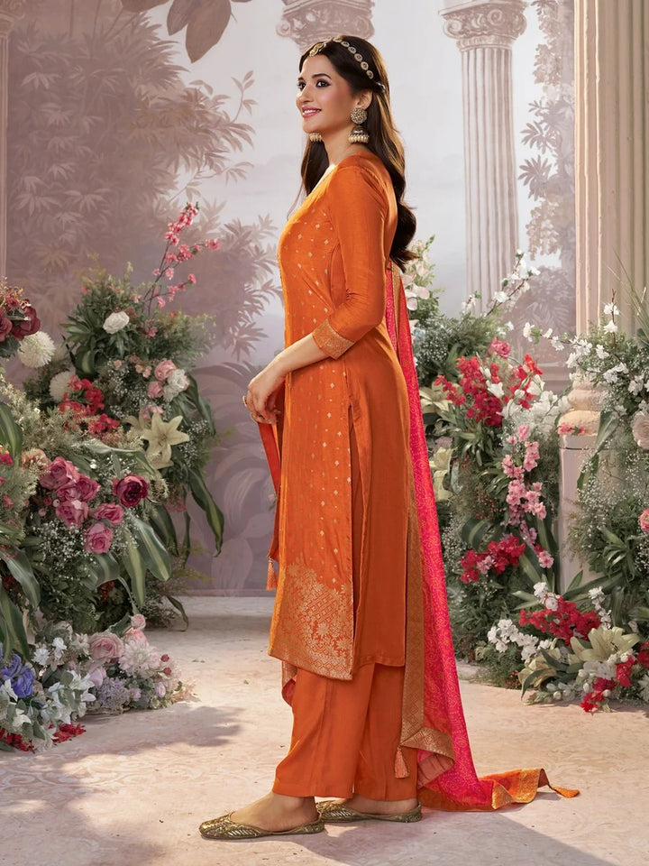 Kiran – Orange Dola Silk Kurta Set with Jacquard Detailing and Intricate Embroidery, Paired with a Cherry Silk Dupatta – 3 Pcs