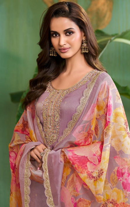 Elham – Lavender Masoori Embroidered Suit Set with Printed Dupatta - 3pcs