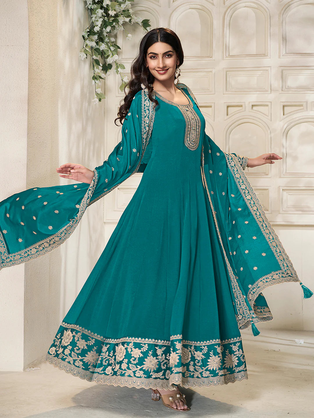 Nureh – Teal Chinon Embroidered Anarkali Suit with Scalloped Dupatta - 2pcs
