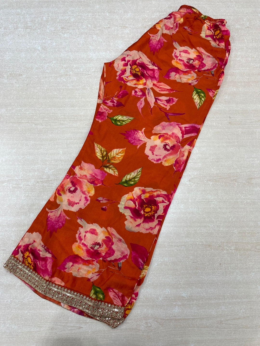 Nura - Burnt Orange - Pure Silk Printed Plazo Kameez with Georgette Dupatta - Co-ord - 3pcs
