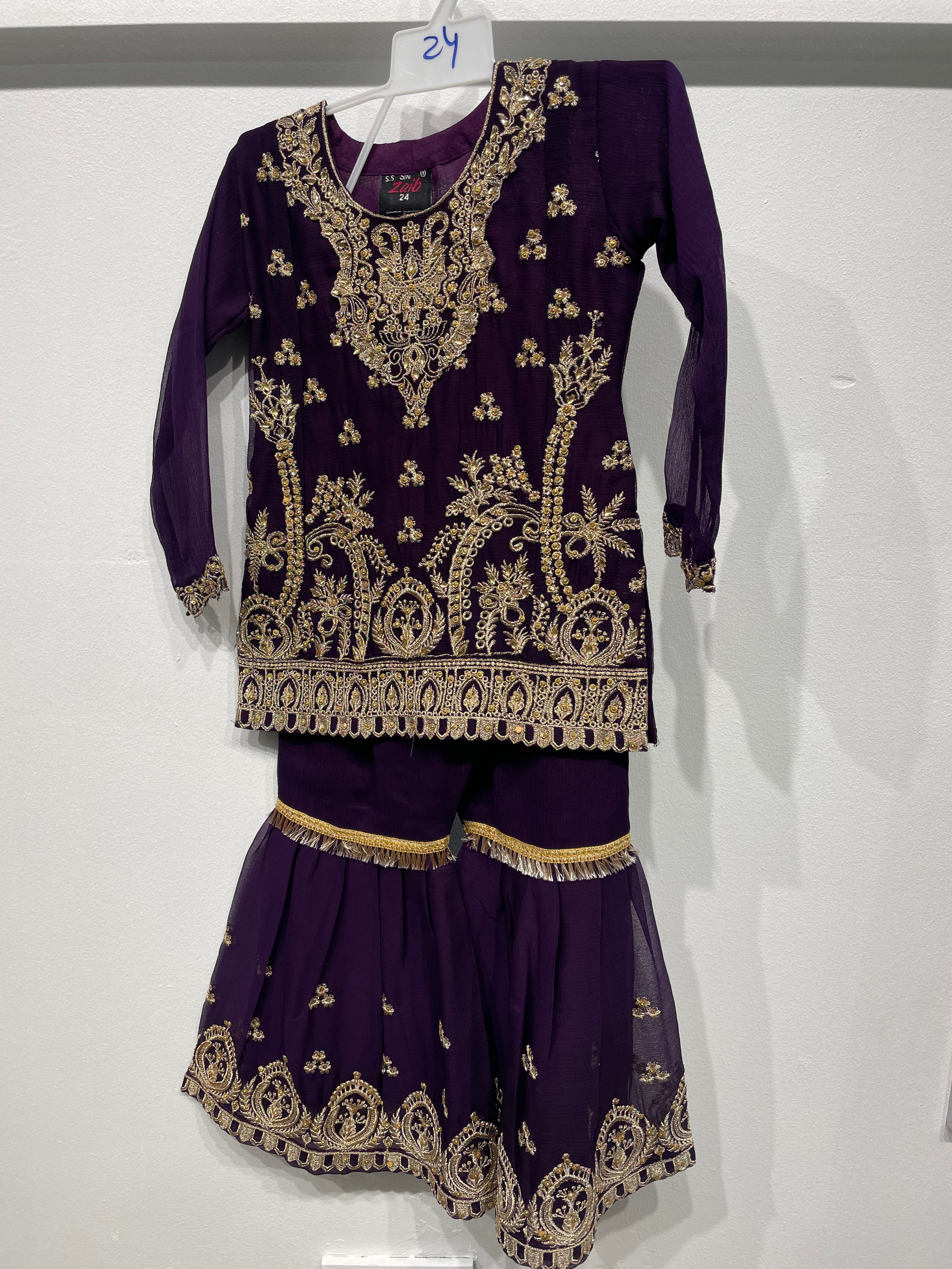 Kids Dark Purple Chiffon Sharara - Gold Embroidery - 3Pc