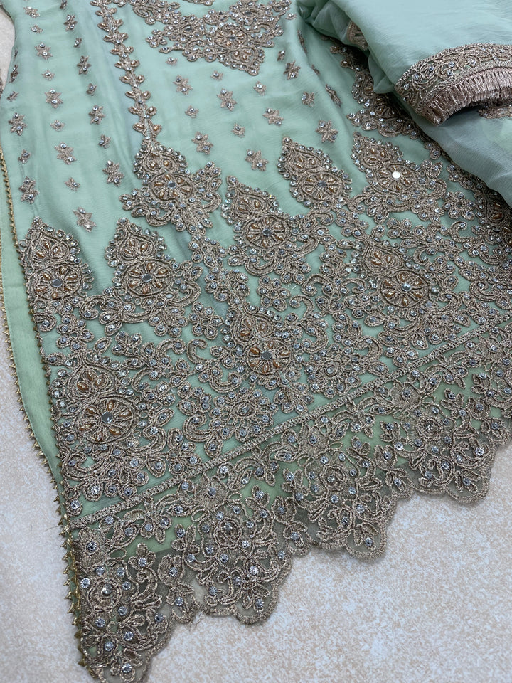 Aisha - Mint Green embroidered Plazo - Rose Gold Embroidered & Gem work - 3Pcs