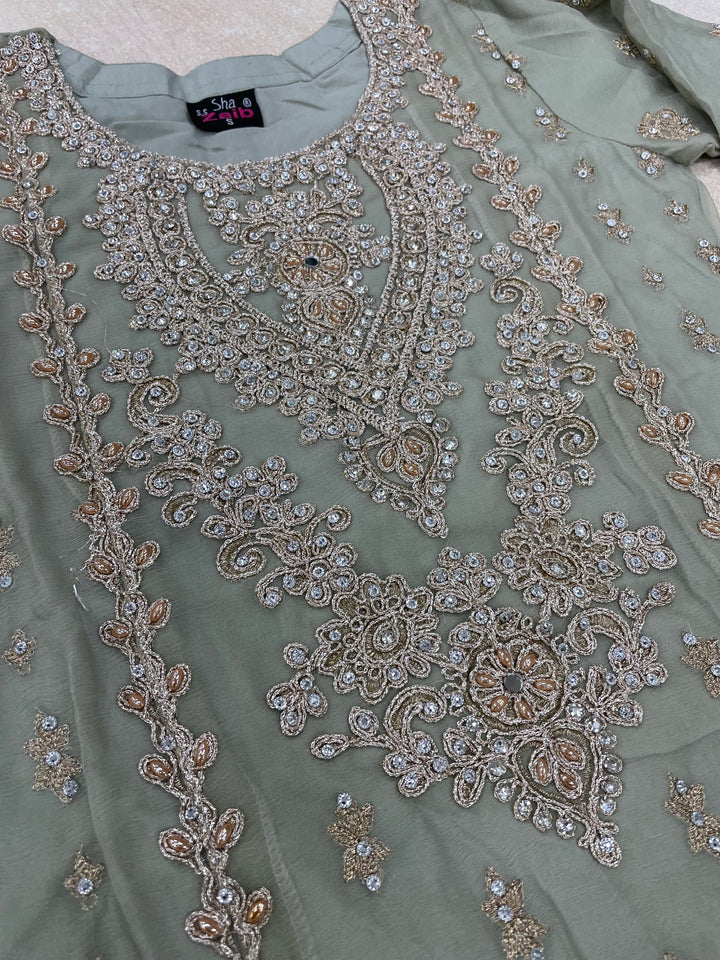 Aisha - Sage Green embroidered Plazo - Rose Gold Embroidered & Gem work - 3Pcs