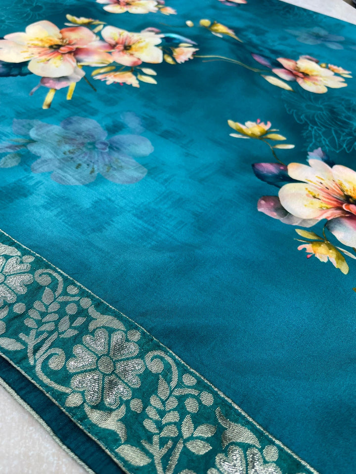 Floral Elegance – Teal Green Digital Print Dupatta with Zari Border