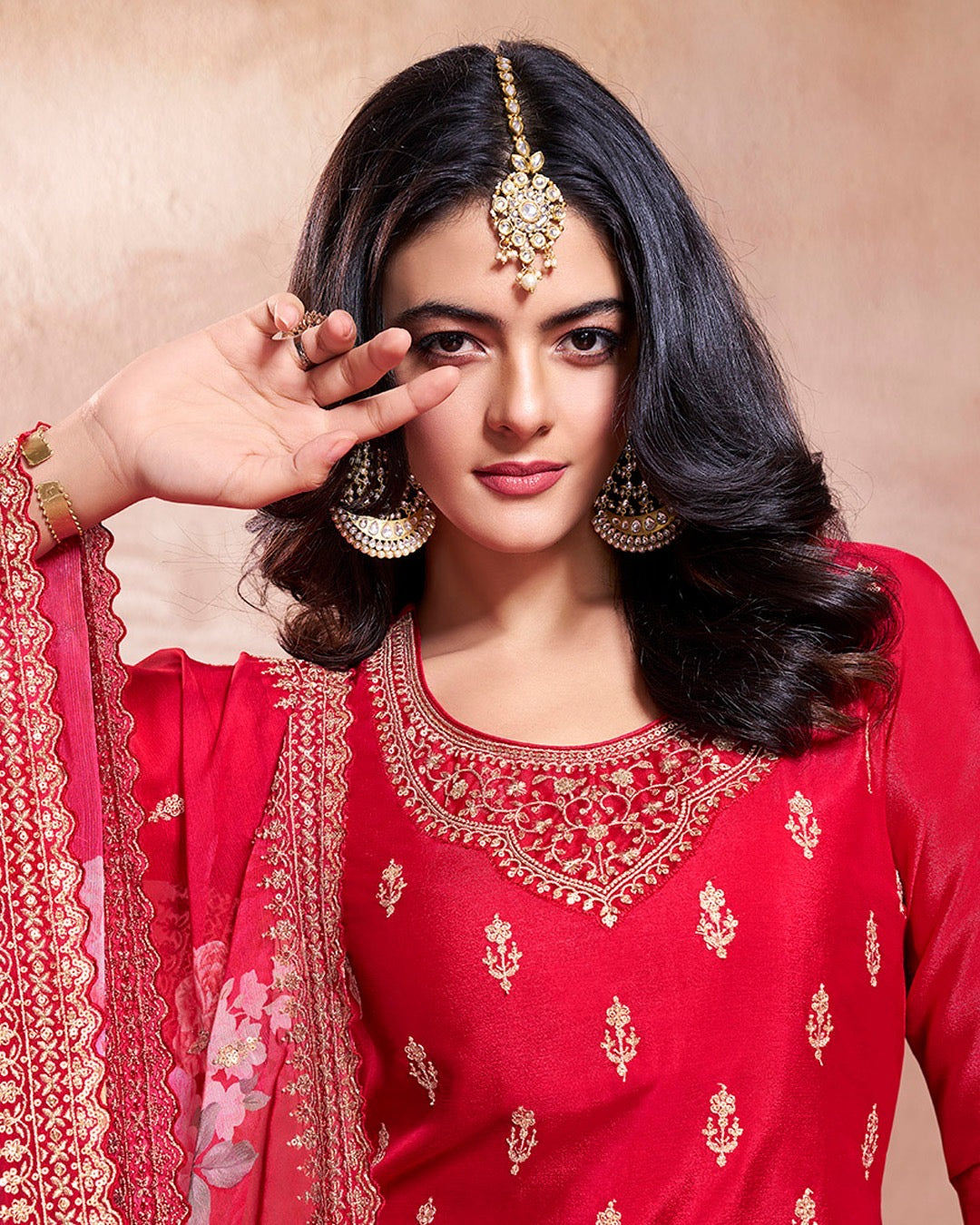 Mahira – Red Sequins Embroidered Kurti Plazo Set with Digital Floral Dupatta – 3 Pcs