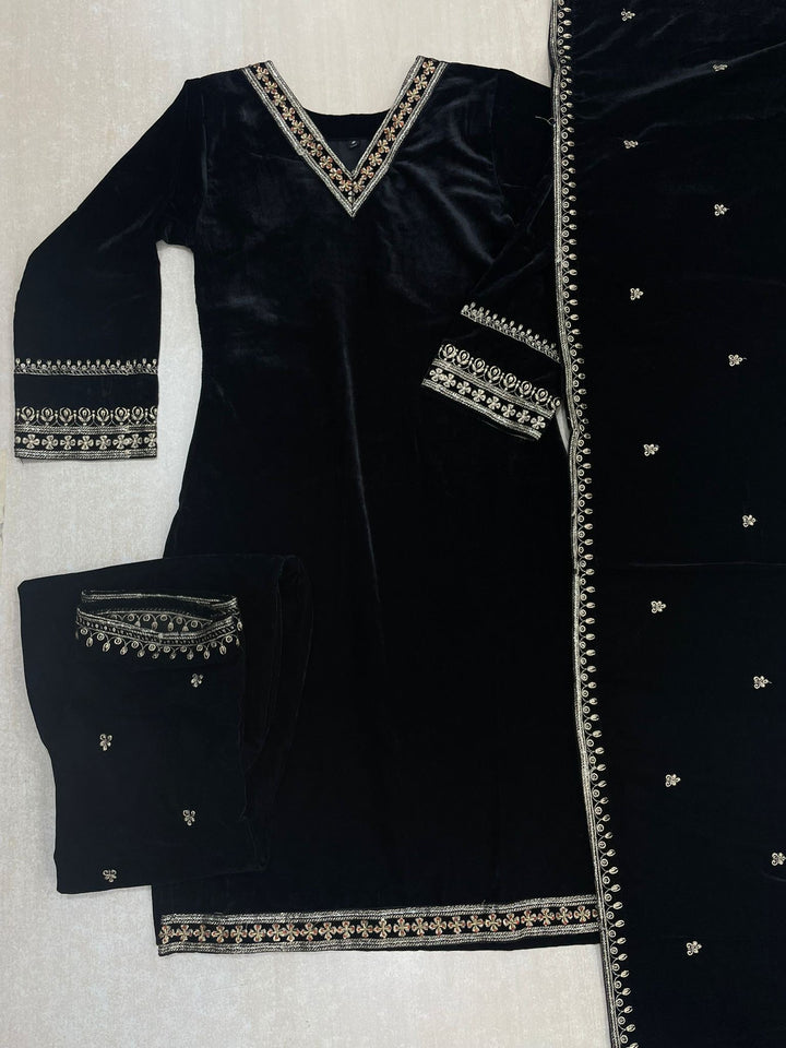 Noura - Black Velvet Kameez - Embroidered & Gem work - 3Pcs