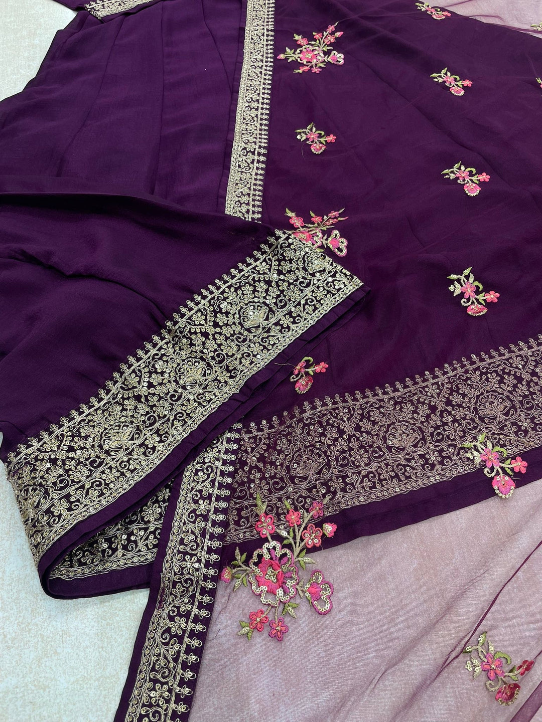 Marwah - Purple Embroidered Anarkali with Net Dupatta - 3 Pcs