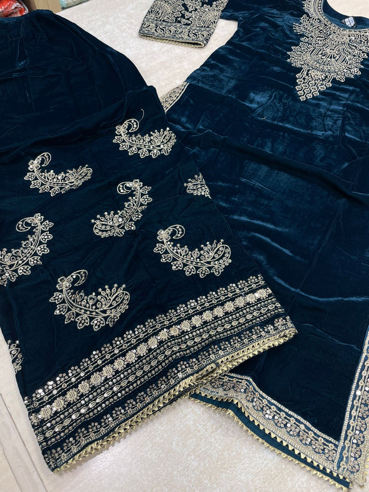 Zayrah - Teal Velvet Kameez with Plazo - Embroidered & Gem work - 3Pcs