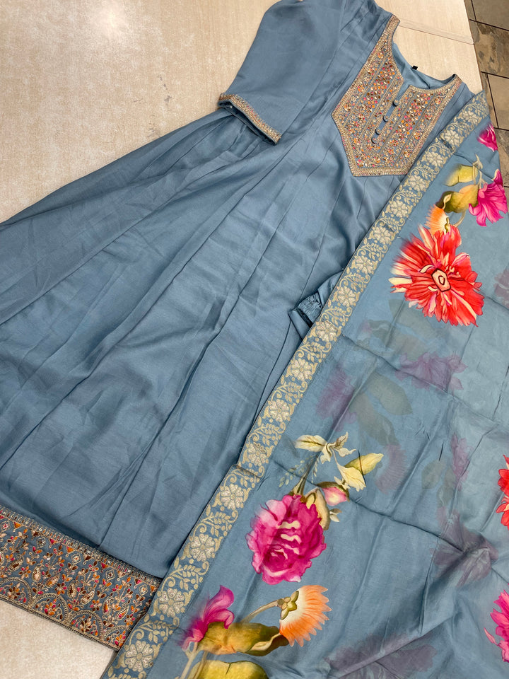 Aaliyah - Sky Blue embroidered anarkali With with print scarf - 3 Pcs