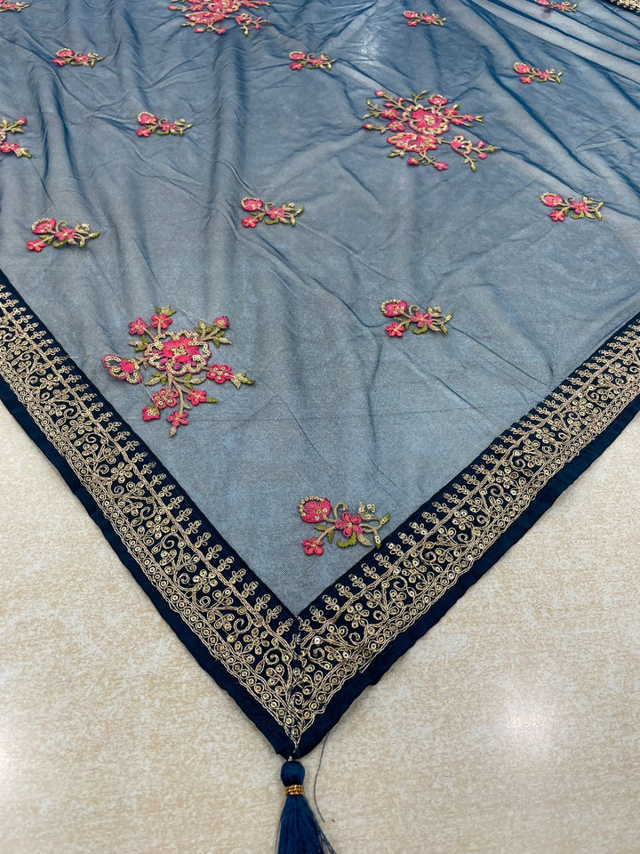 Marwah - Navy Blue Embroidered Anarkali with Net Dupatta - 3 Pcs