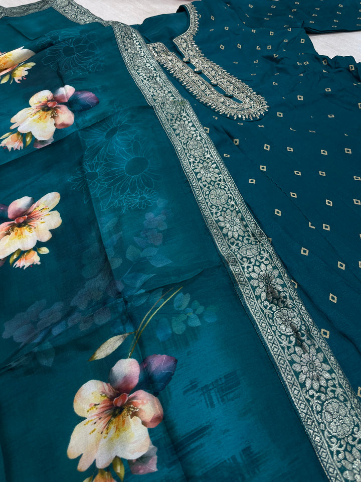 Iman - Teal Green Silk embroidered Anarkali with digital print scarf - 3 Pcs