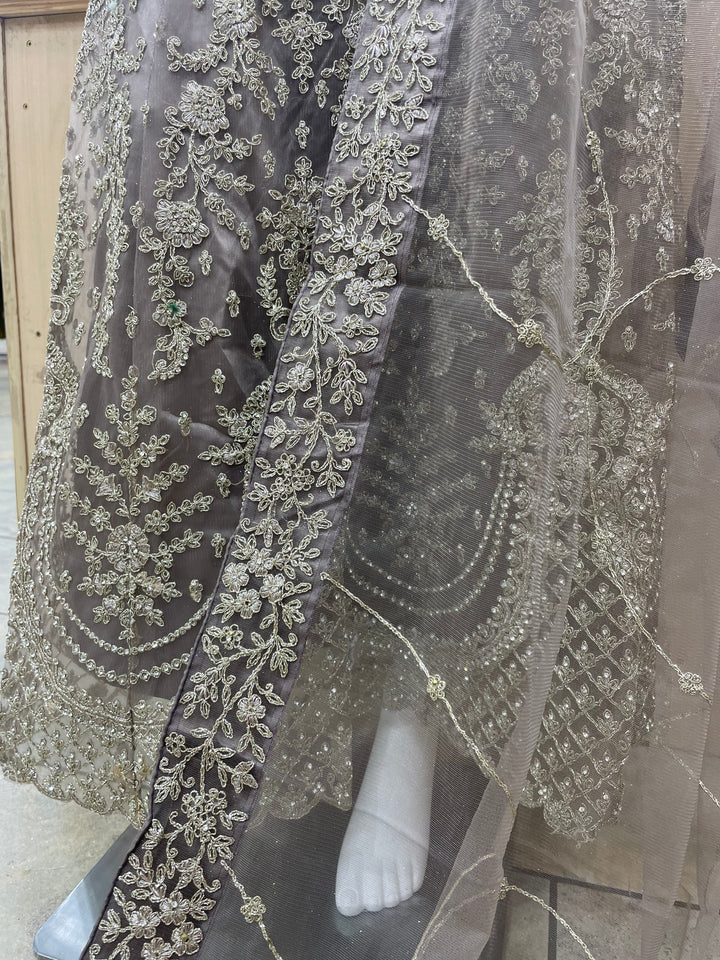 Jannah - Stone Grey Heavy Embroidered Net Party Gown with Bell Sleeves/White Gold Embroidered - 3pcs