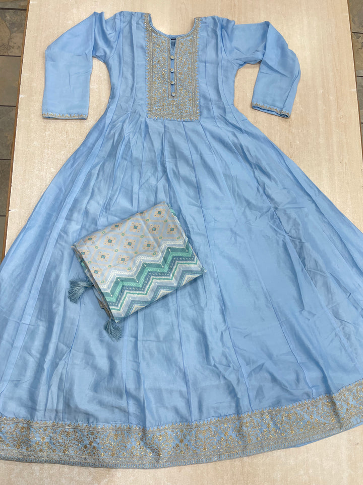 Yasmin - Sky Blue Bhagalpuri Silk Frock with Digital Print Dupatta - 2pcs