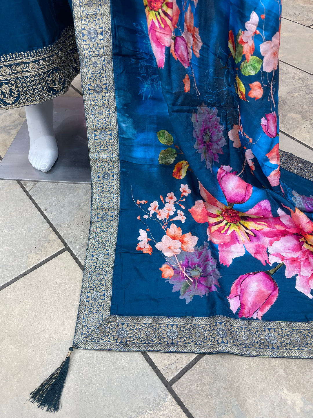 Isra – Blue Bhagalpuri Silk Anarkali with Digital Print Dupatta – 2 Pcs