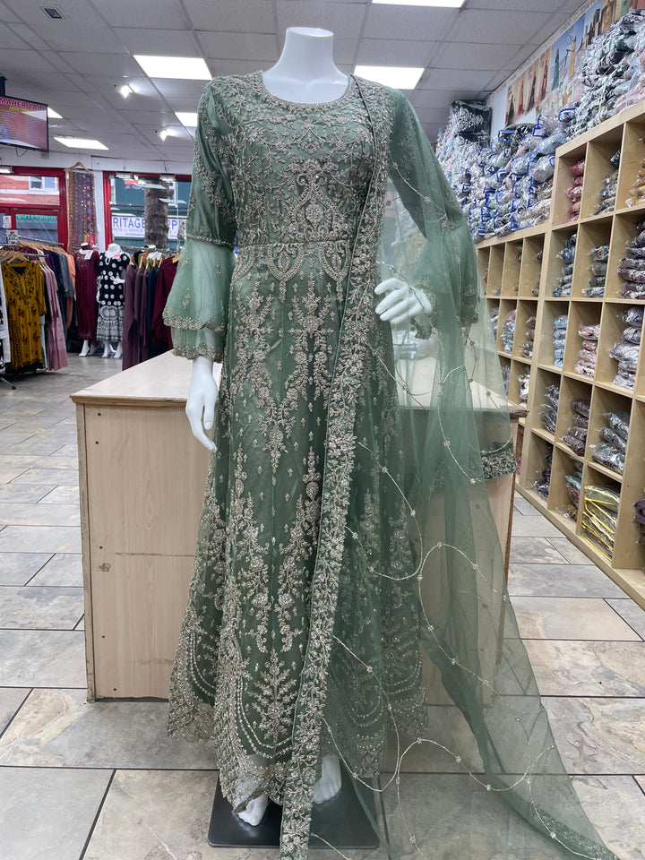 Jannah - Sage Green Heavy Embroidered Net Party Gown with Bell Sleeves/White Gold Embroidered - 3pcs