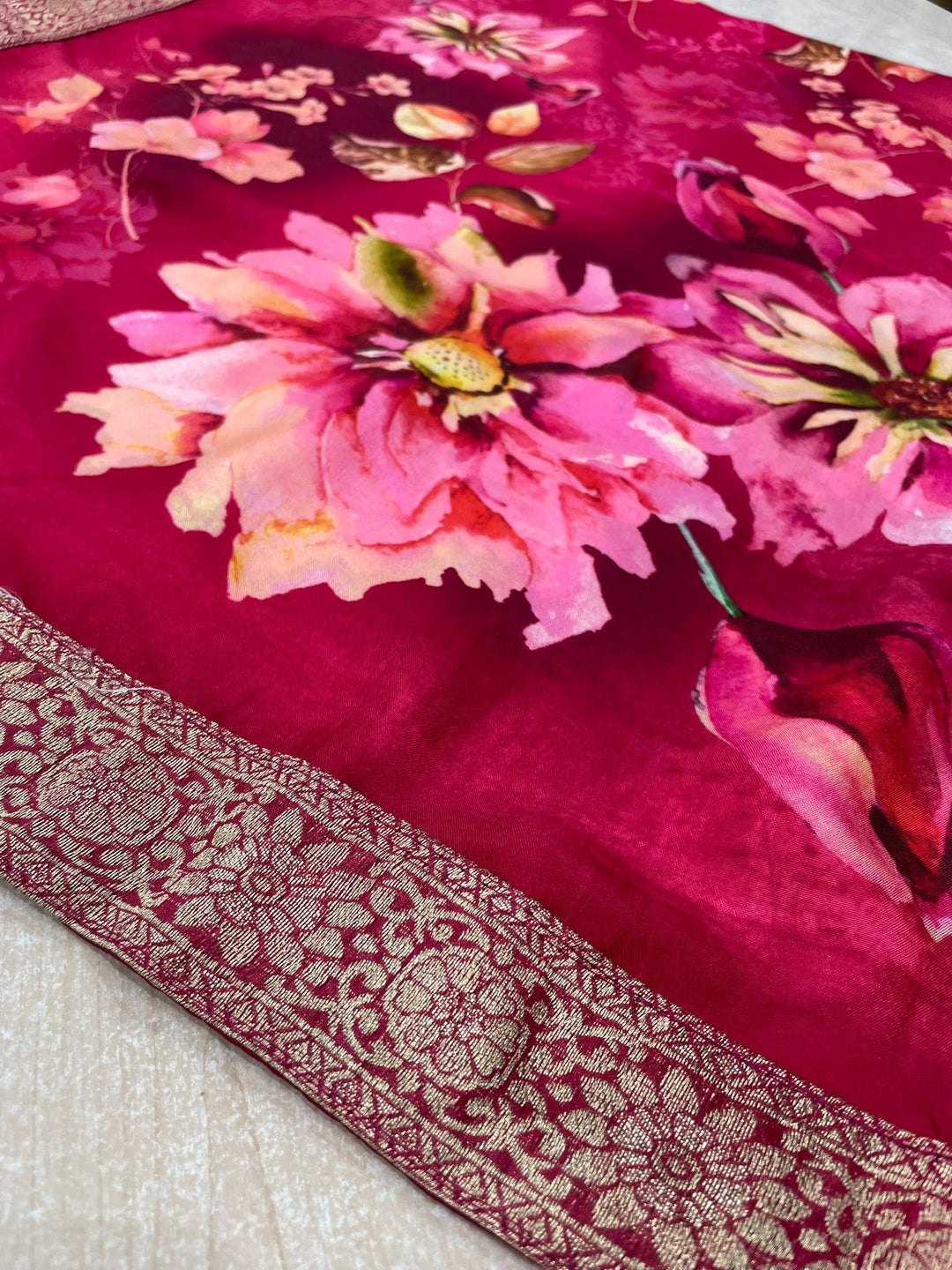 Floral Elegance – Cerise Pink Digital Print Dupatta with Zari Border