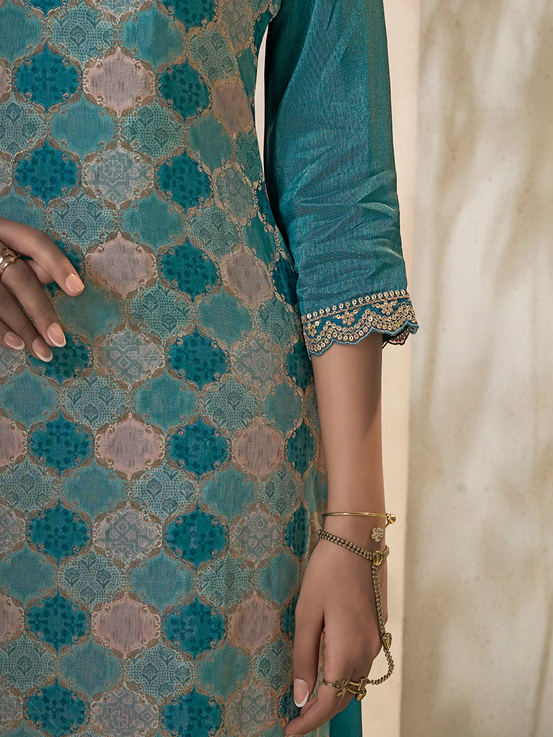 Abeer – Pastel Teal Blue Dola Silk Printed Kurta with Sequinned Plazo Dupatta – 3 Pcs