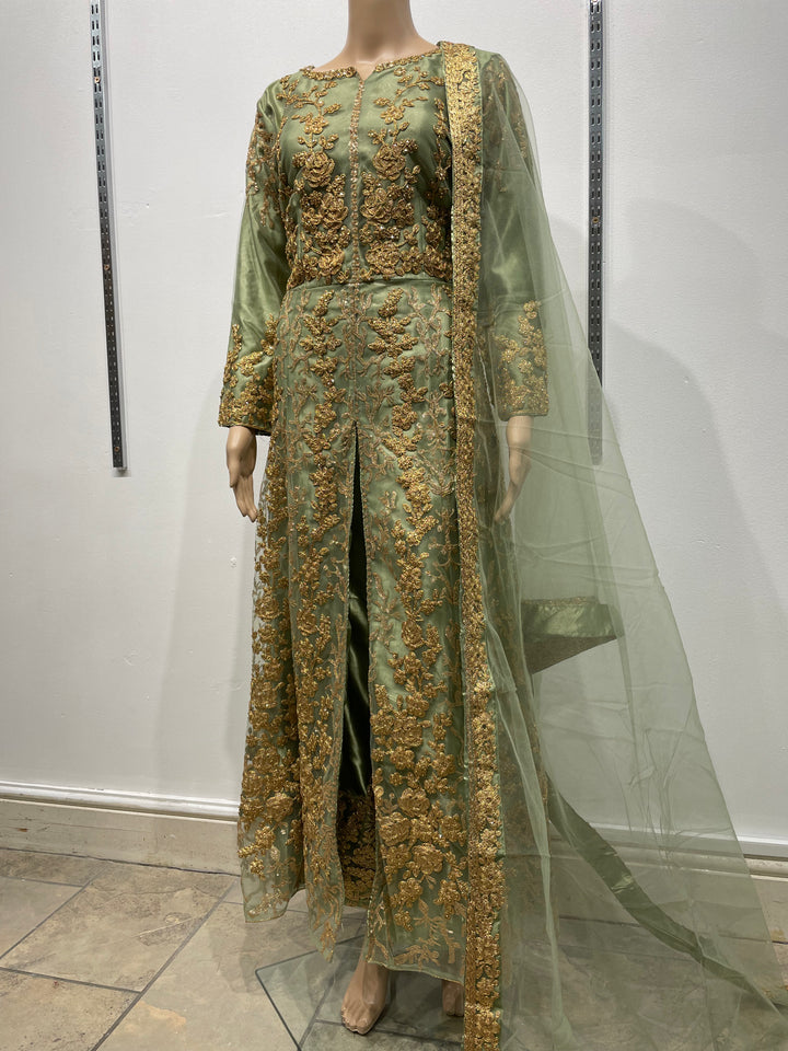 Meher - Mendhi Green Heavy Embroidered Gown with Front Split - 3pcs