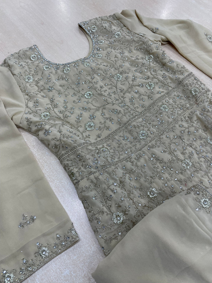 Amani - Gold Heavy Embroidered Georgette Gown - White Gold Embroidery - 3pcs