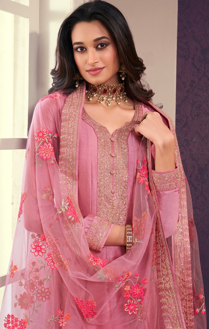 Marwah - Pink Embroidered Anarkali with Net Dupatta - 3 Pcs