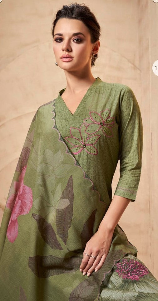 Viradi 18 - 1862 - Green - Cotton Digital Print - 3Pcs Suit