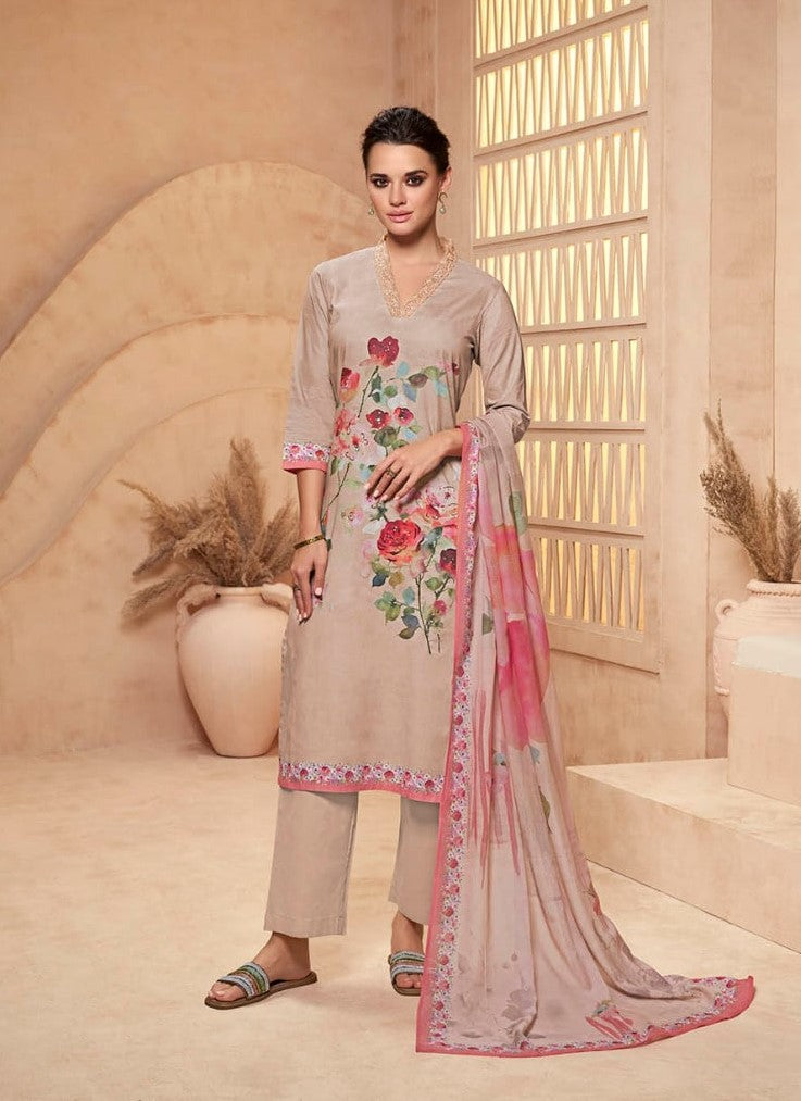 Viradi 18 - 1866 - Cream - Cotton Digital Print - 3Pcs Suit