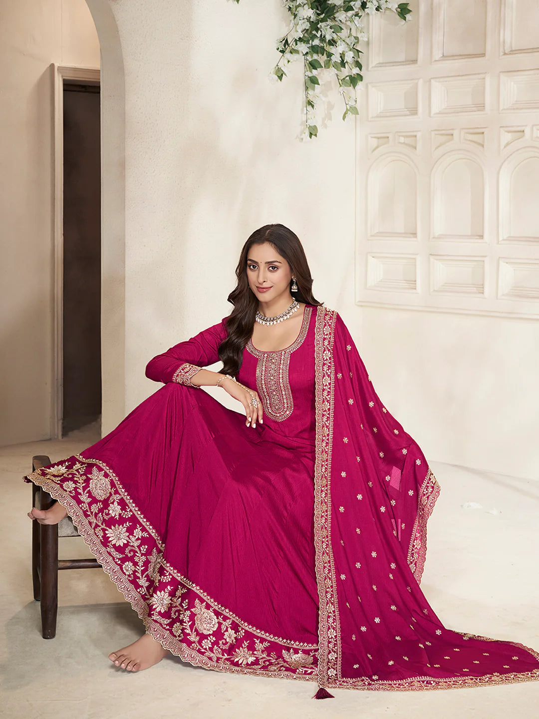 Nureh – Pink Chinon Embroidered Anarkali Suit with Scalloped Dupatta - 2pcs