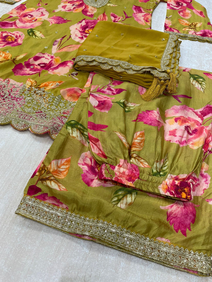 Nura - Mustard - Pure Silk Printed Plazo Kameez with Georgette Dupatta - Co-ord - 3pcs