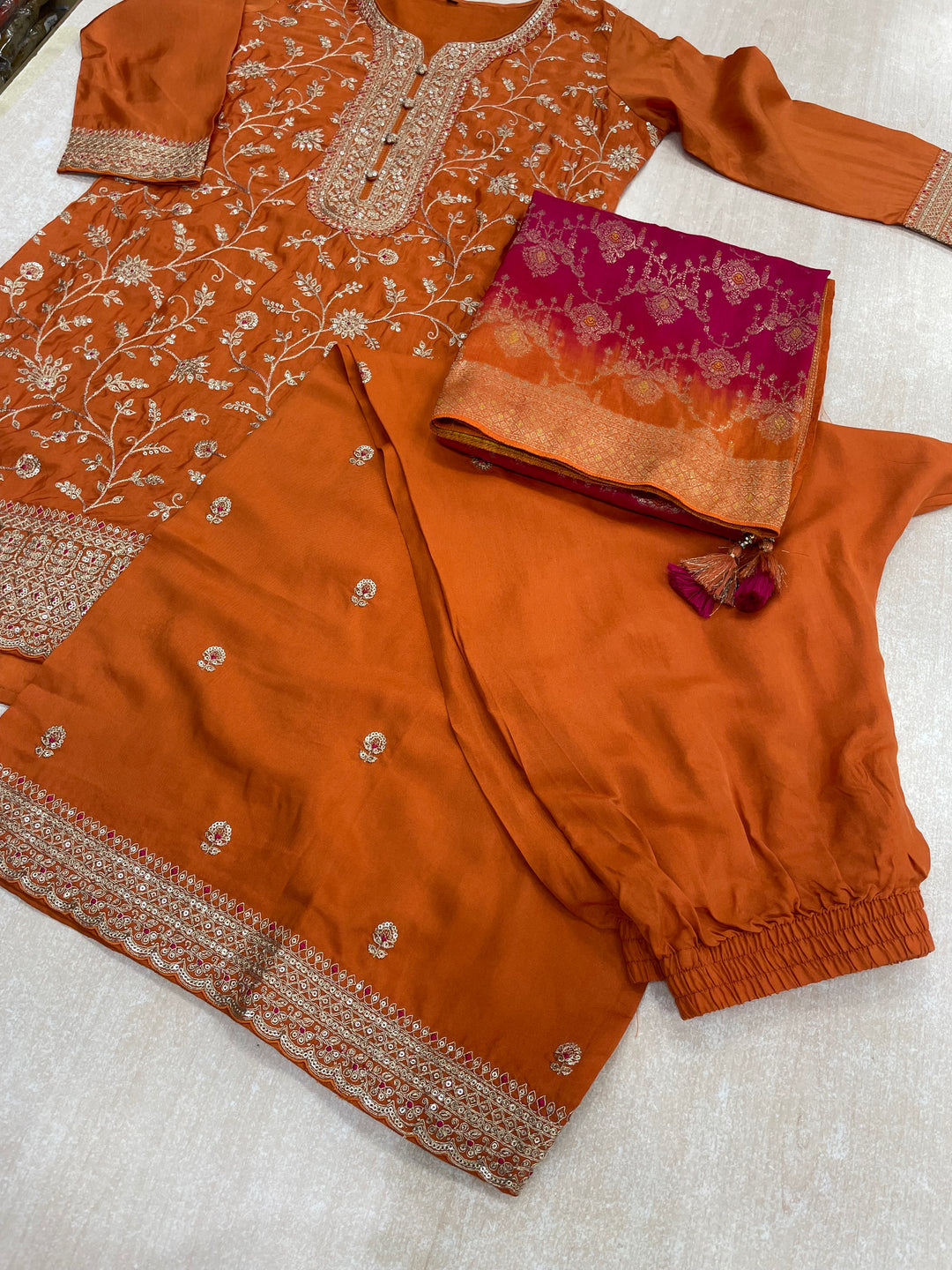 Aleeza – Orange Pure Silk Embroidered Set with Jacquard Dupatta - 3pcs