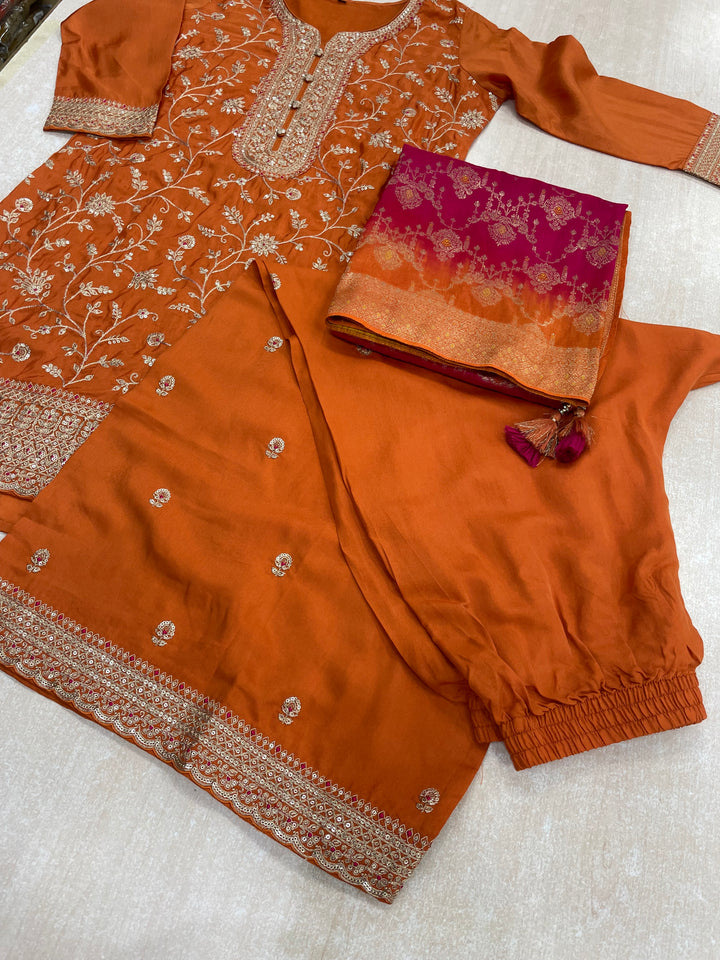 Aleeza – Orange Pure Silk Embroidered Set with Jacquard Dupatta - 3pcs