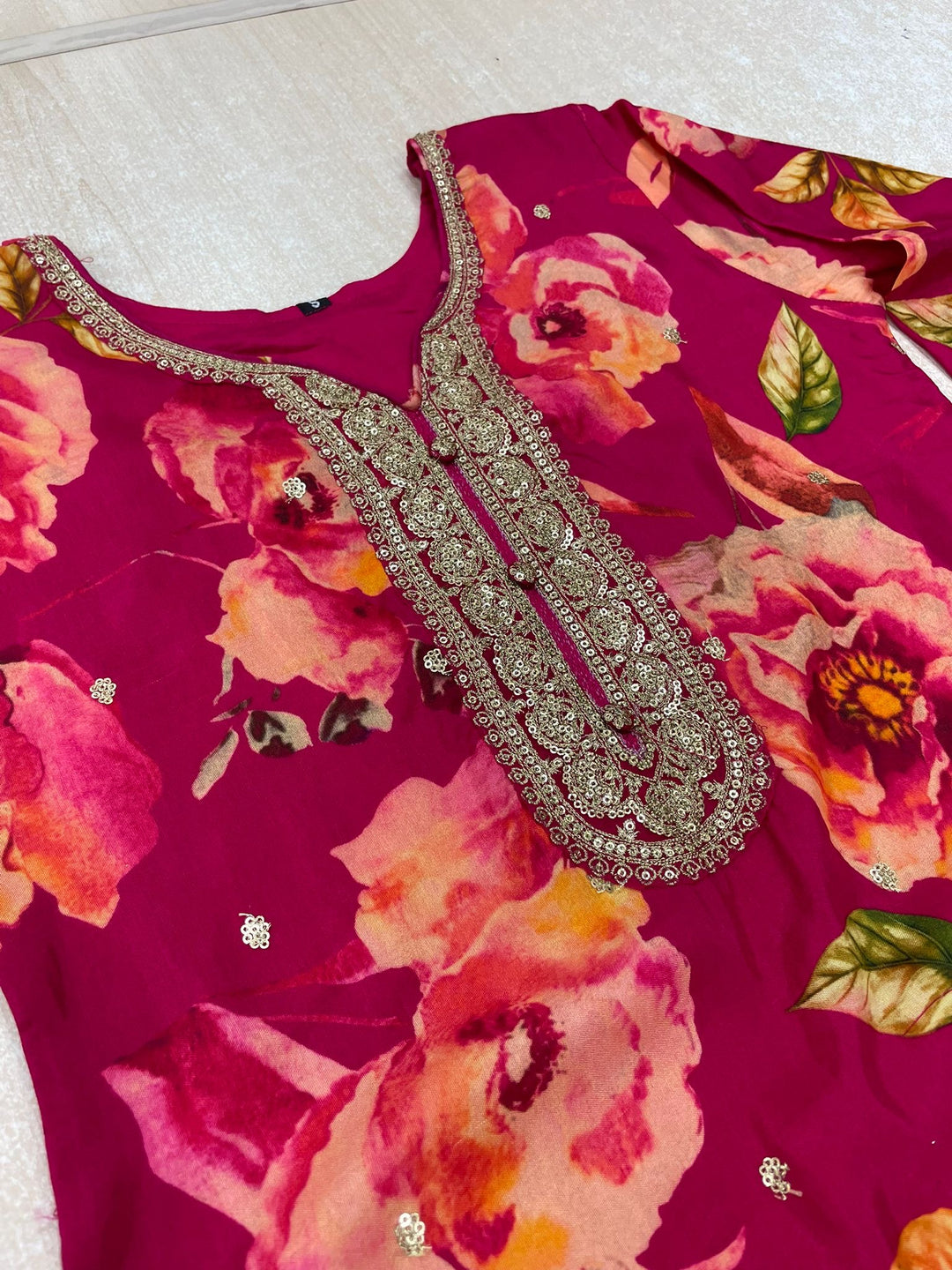 Nura - Hot Pink - Pure Silk Printed Plazo Kameez with Georgette Dupatta - Co-ord - 3pcs