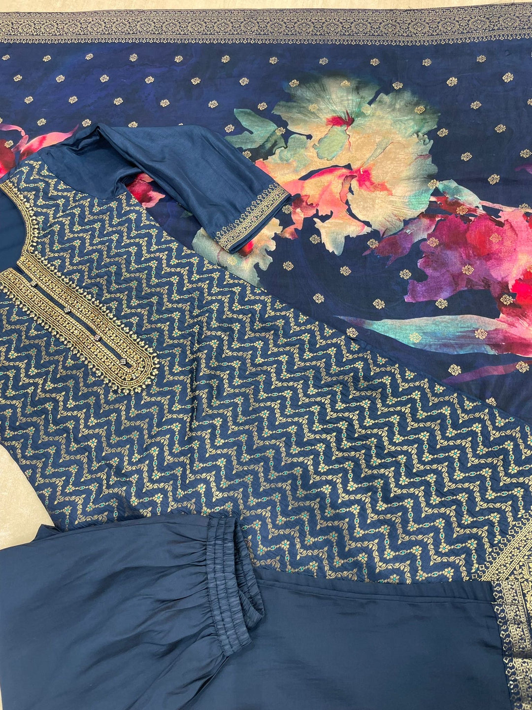 Aleena - Blue Pure Viscose Dola with Embroidery Work & Digital Print Scarf - 3 Pcs