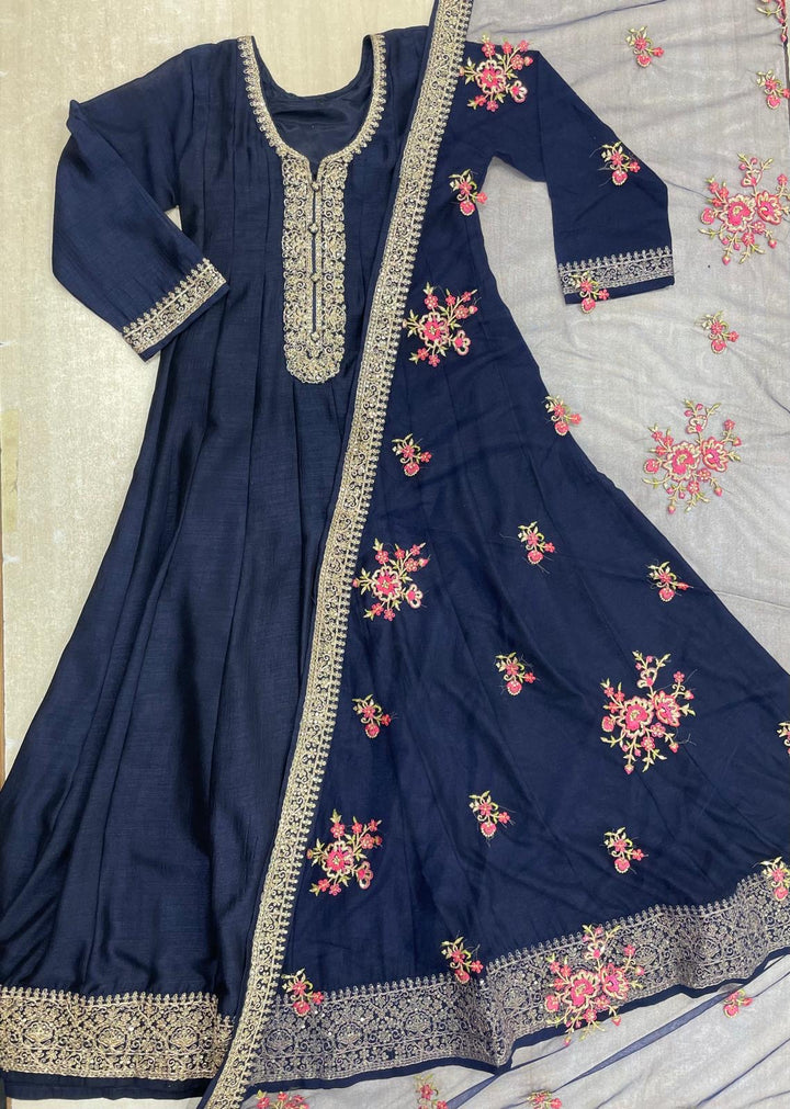 Marwah - Navy Blue Embroidered Anarkali with Net Dupatta - 3 Pcs
