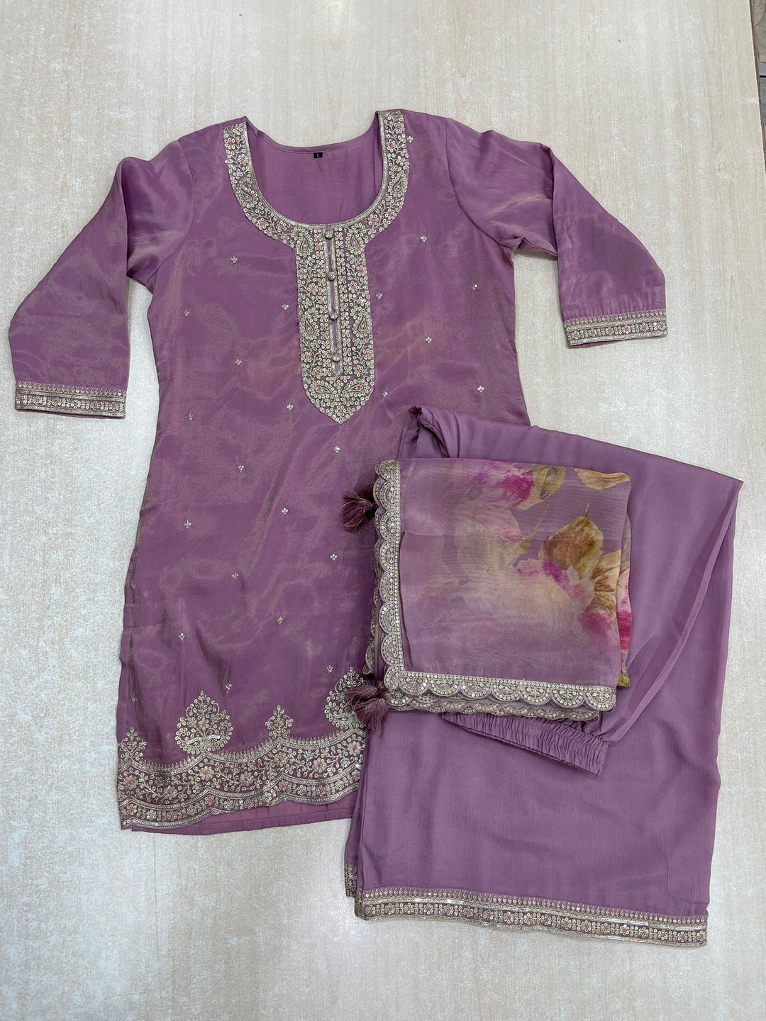 Elham – Lavender Masoori Embroidered Suit Set with Printed Dupatta - 3pcs