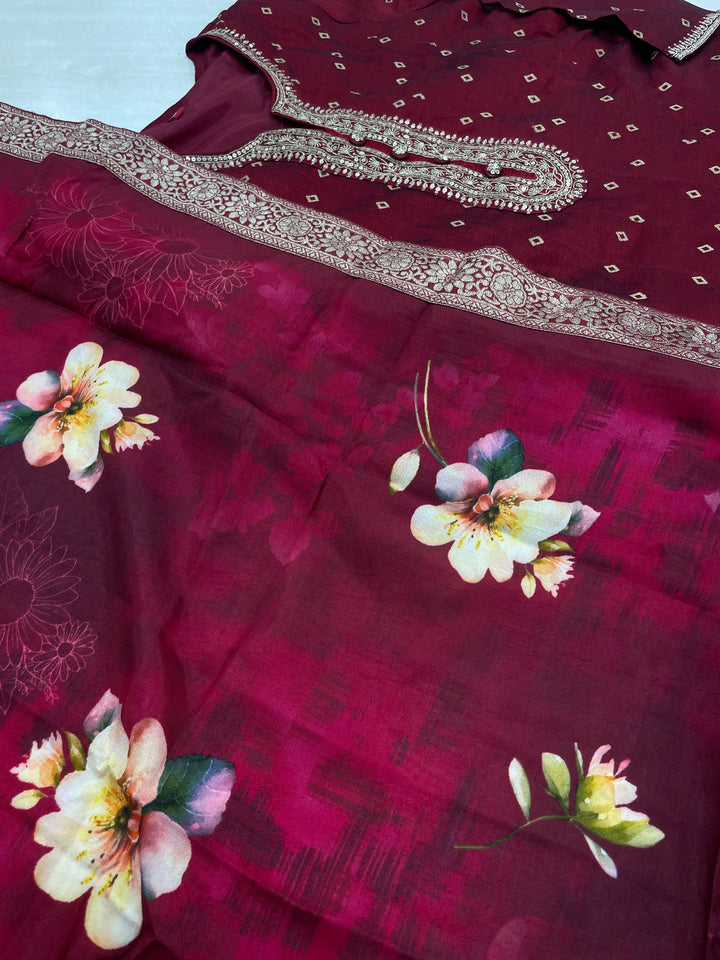 Iman - Maroon Embroidered Anarkali with digital print scarf - 3 Pcs