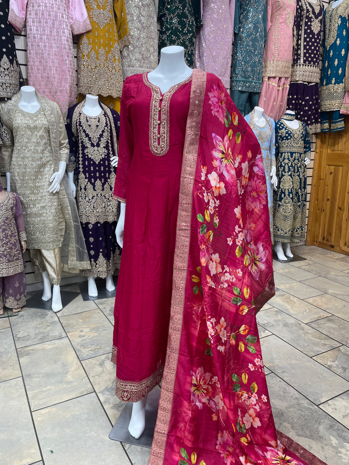 Isra – Cerise Pink Bhagalpuri Silk Anarkali with Digital Print Dupatta – 2 Pcs