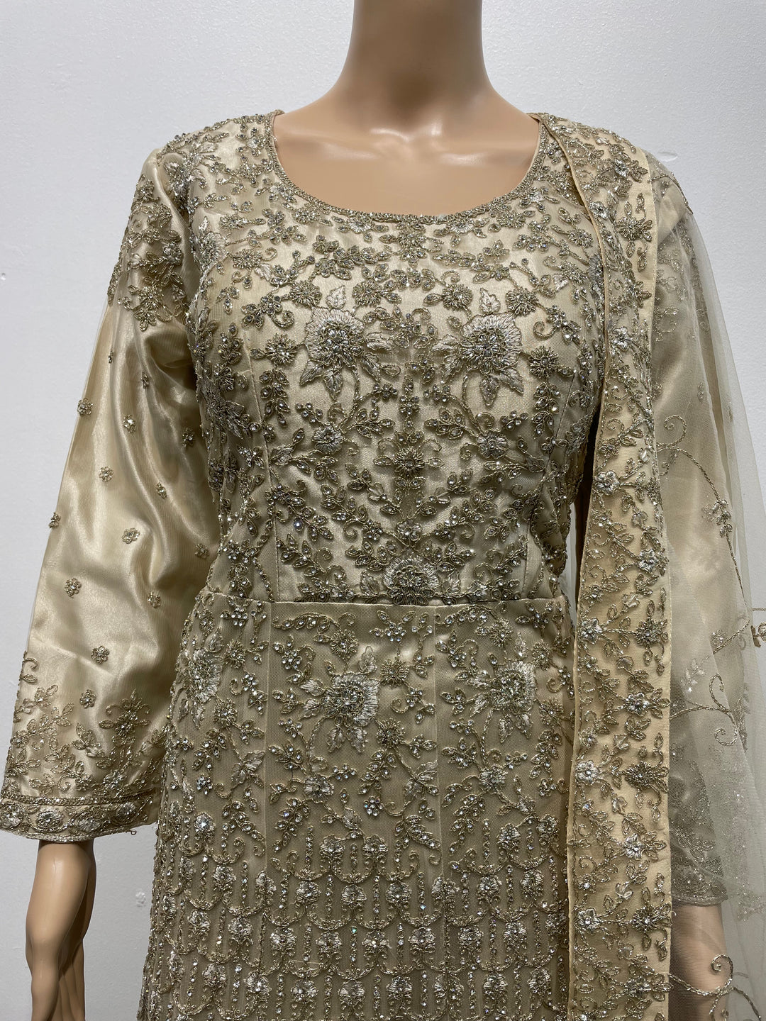 Yusra - Champagne Gold Heavy Embroidered Net Party Gown with White Gold Embroidered - 3pcs