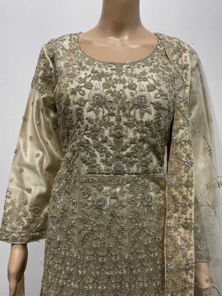 Yusra - Champagne Gold Heavy Embroidered Net Party Gown with White Gold Embroidered - 3pcs